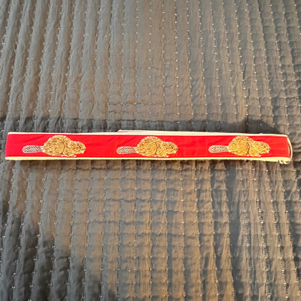 CJ Laing Medium Red Ribbon Belt D Ring Embroidered Beavers